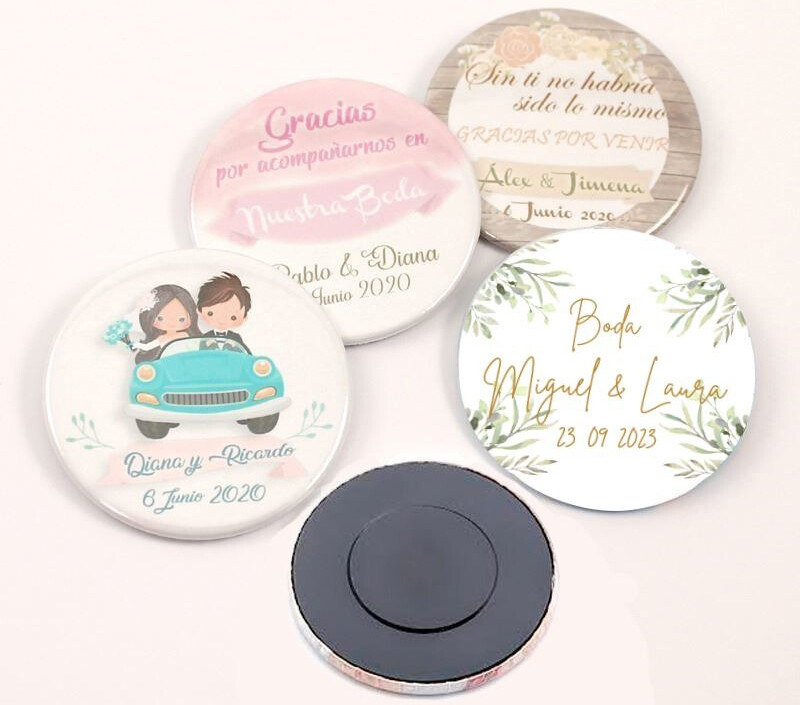 Imanes para Bodas y chapas personalizadas. Imanes y Chapas para Boda
