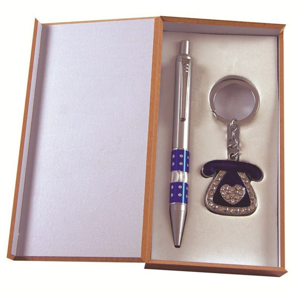 Elegante estuche con bolígrafo y llavero teléfono