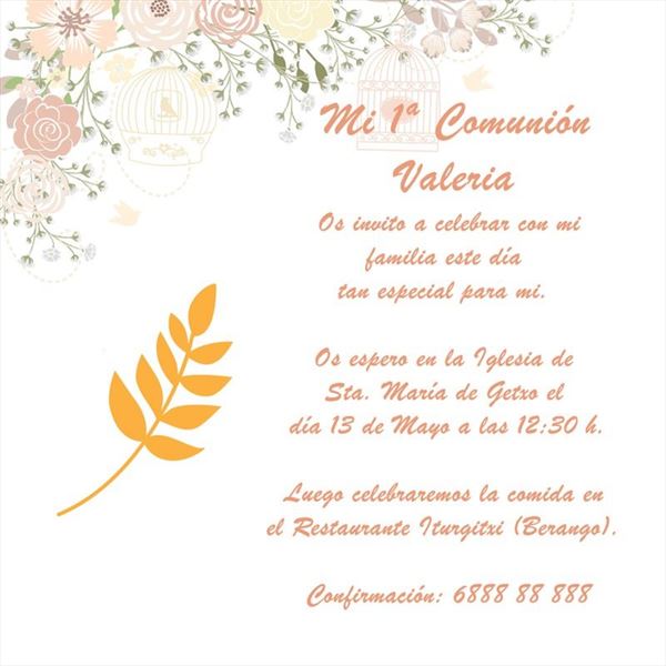 Invitación con objetos de comunión y flores