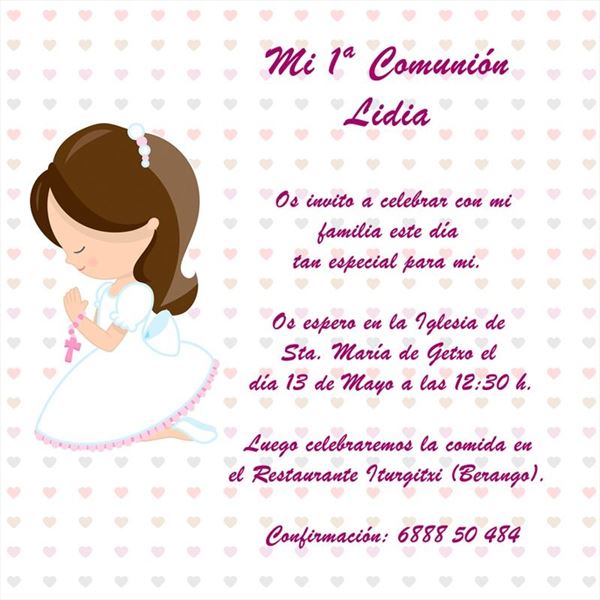 Invitación de comunión niña con corazones