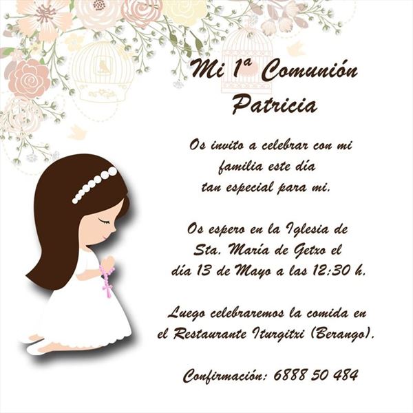 Invitación de comunión niña con flores