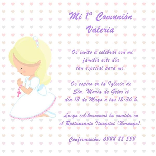 Invitación de comunión niña corazoncitos