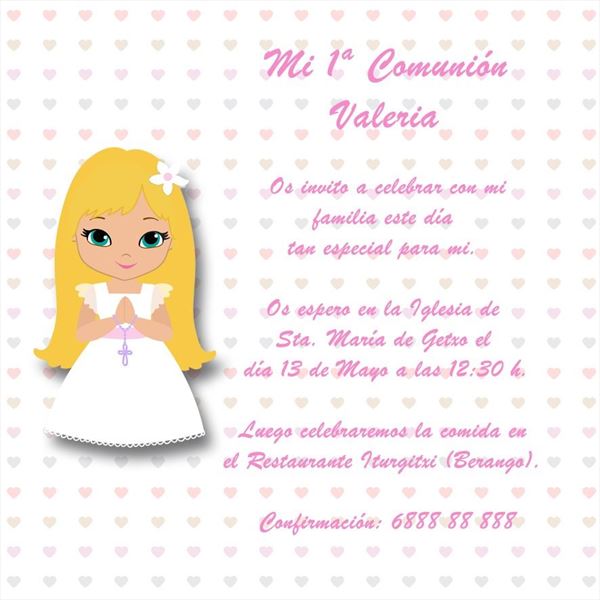 Invitación de niña de comunión y corazones