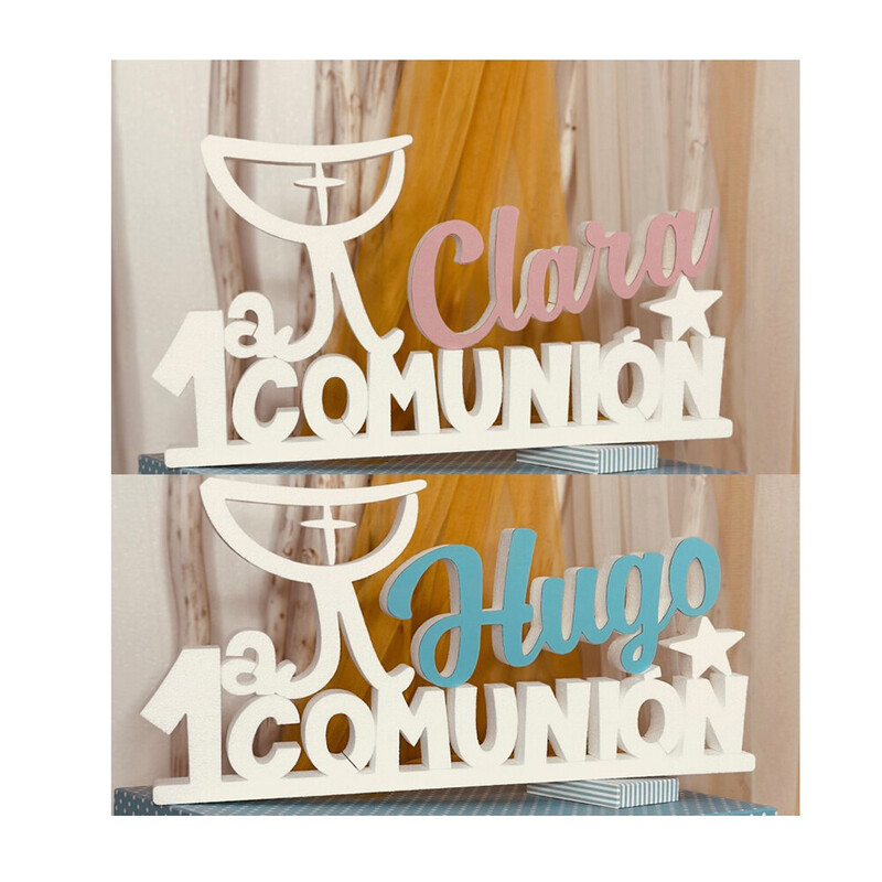 Letrero comunión con cáliz y nombre azul o rosa