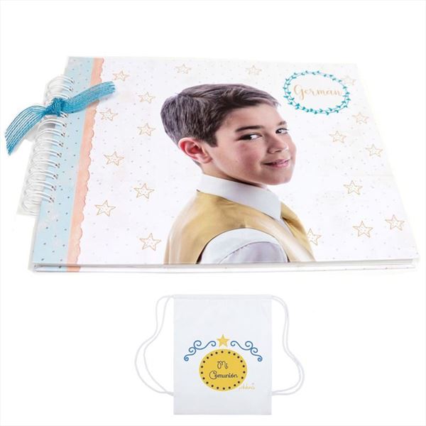 Libro de firmas con foto comunión de niño estrellas, alta calidad