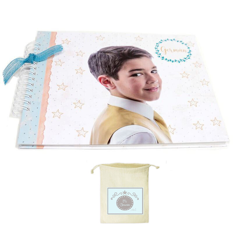 Libro de firmas con foto comunión de niño estrellas, alta calidad