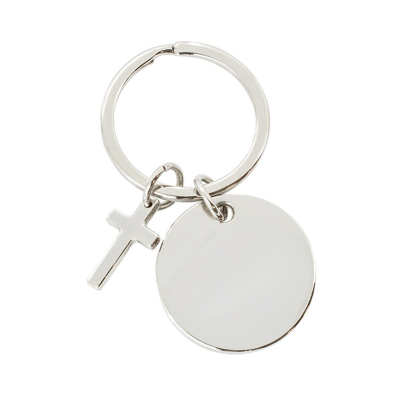 Llavero Metálico Plateado Redondo con Cruz (2)