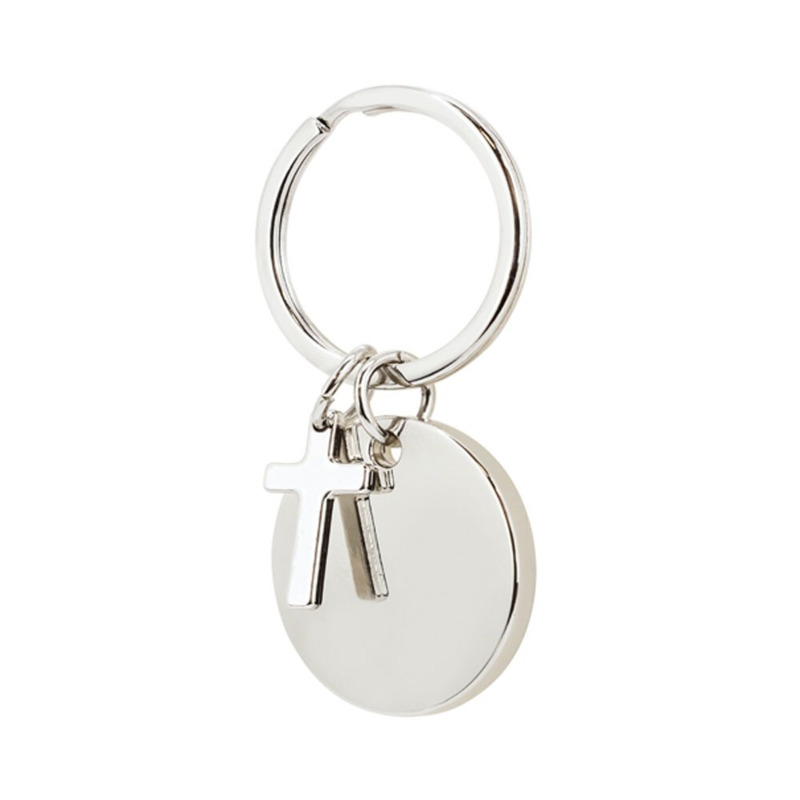 Llavero Metálico Plateado Redondo con Cruz (1)
