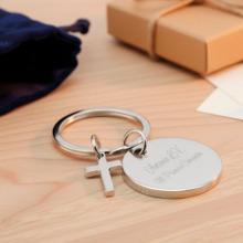 Llavero Metálico Plateado Redondo con Cruz