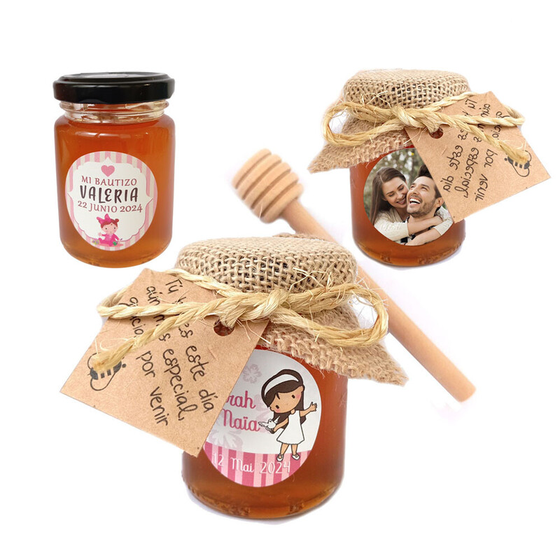 Tarro redondo de miel cruda natural de abeja española personalizable