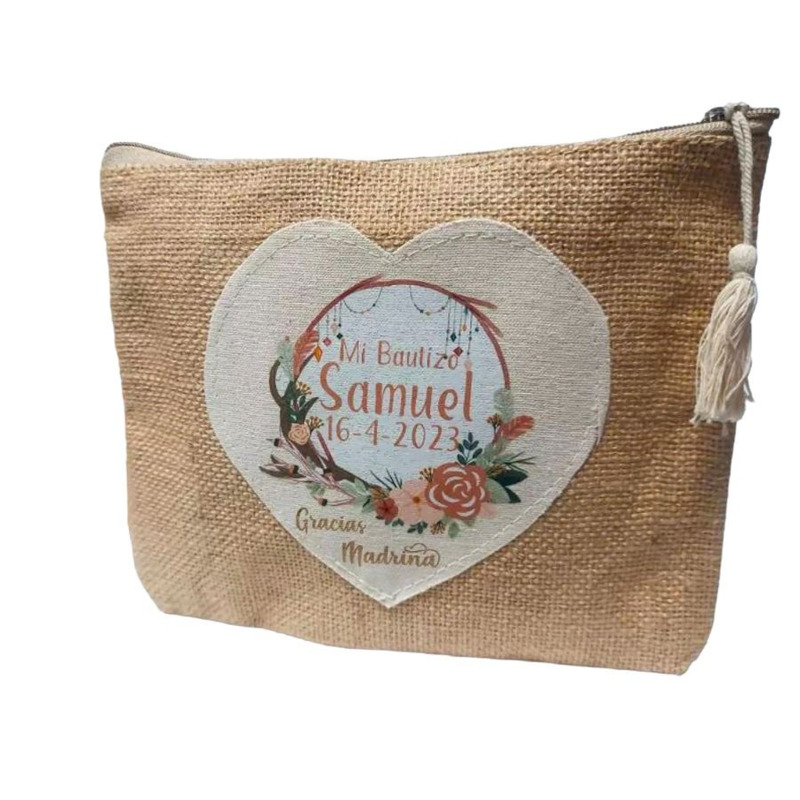 Neceser de yute corazón personalizable recuerdo para invitadas