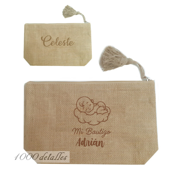 Neceser de yute personalizable de bautizo con nombre