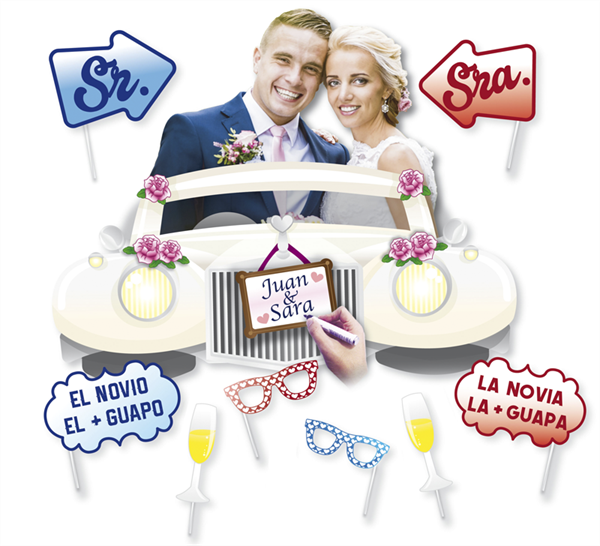 Photocall coche de boda con accesorios
