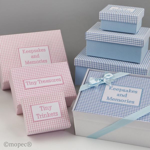 Set 3 cajas vichy azul para recuerdos del bebé