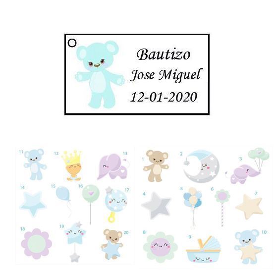Set 40 Tarjetas con agujero para Bautizo de niño, 20 diseños 5 x 2,8 cm.