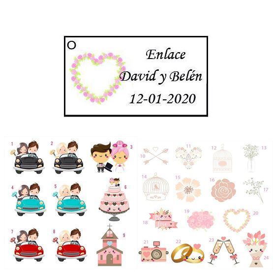 Set 40 Tarjetas con agujero para boda 24 diseños, 5 x 2,8 cm.,