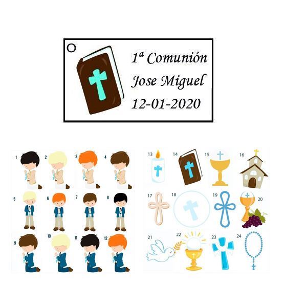Set 40 Tarjetas con agujero para comunión de niño, 24 diseños, 5 x 2,8 cm.