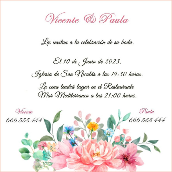 Tarjetón de boda con flores