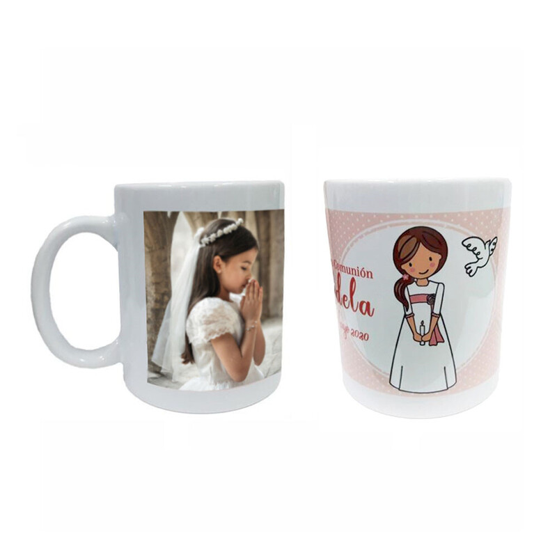 Taza con foto personalizada de comunión con fondos