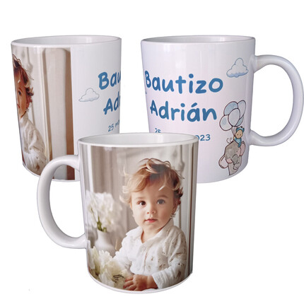 Taza para bautizo de niño grabada con foto y dibujo de elefante
