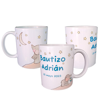 Taza personalizada para bautizo con cielo estrellado y elefantes